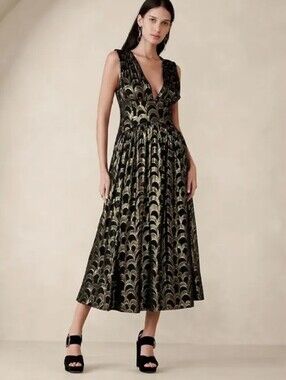 Banana Republic Black & Gold Metallic Jacquard Midi Dress Size 10